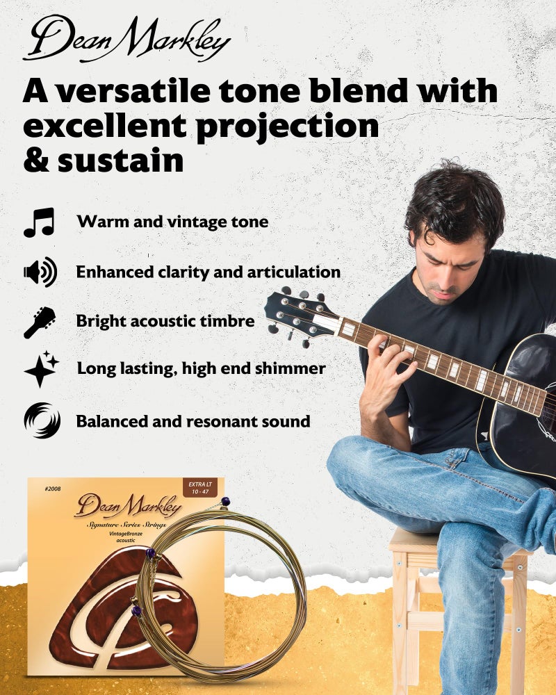 Dean Markley Signature Vintage Bronze Acoustic Guitar Strings 6 String Set, 10-47 Acoustic Guitar Strings Extra Light, Precision Wound Guitar Strings Acoustic with Superior Tone Quality, Made in USA - Image 3